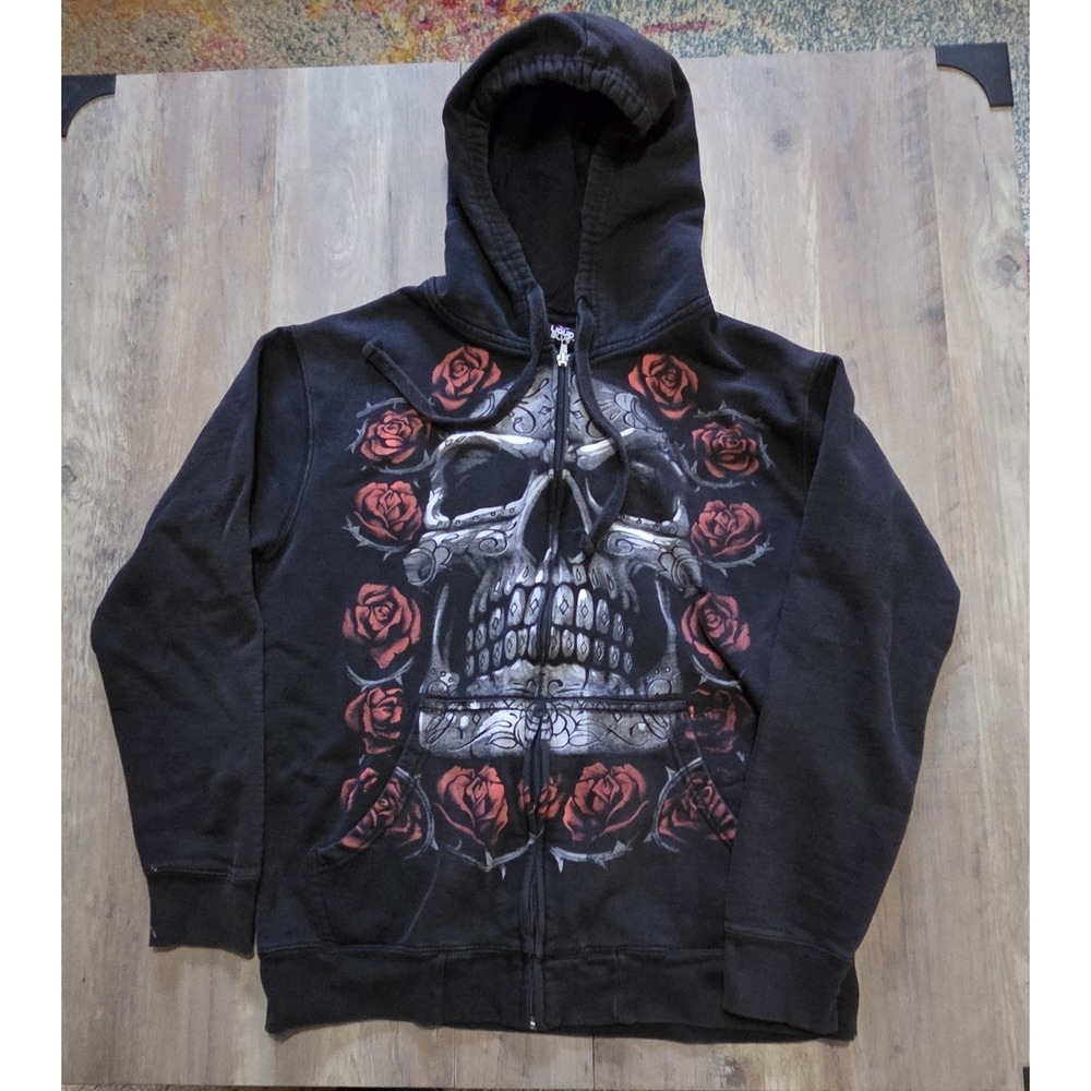 Liquid Blue Skulls & Roses Black Full Zip Hooded Jacket Mens M (See Pics No Tag)